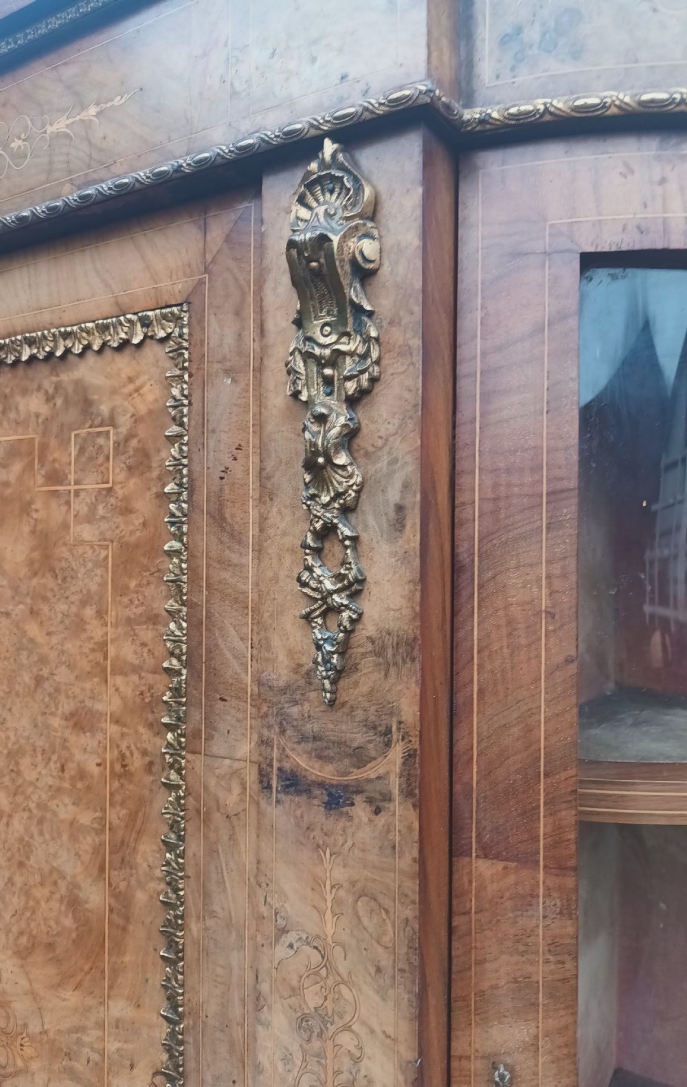 Victorian inlaid walnut credenza with gilt metal mounts.  View IX