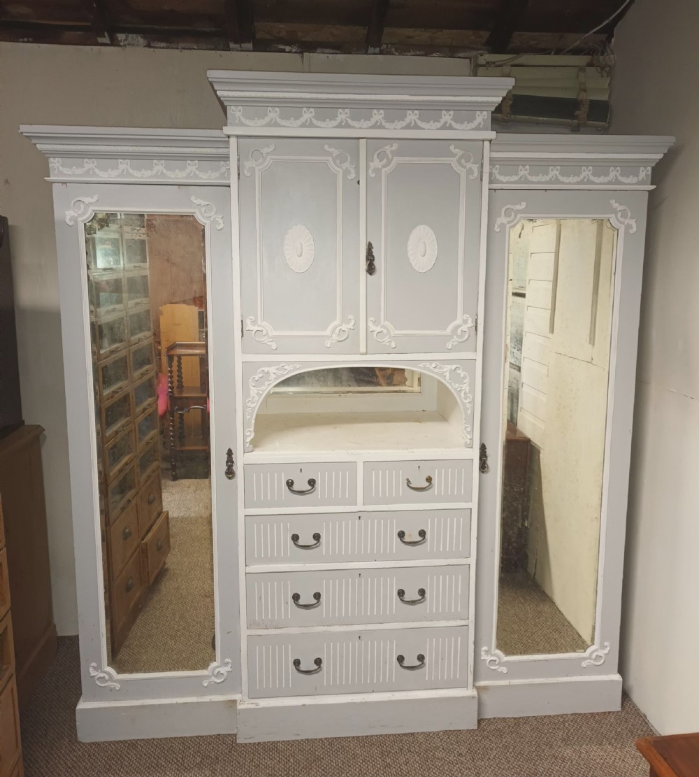 Edwardian painted 3 section pine wardrobe. 