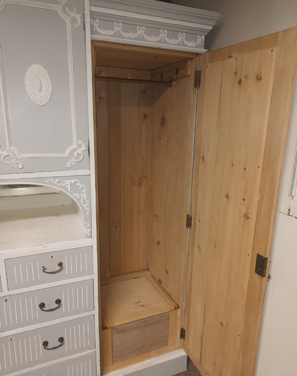 Edwardian painted 3 section pine wardrobe.  View III