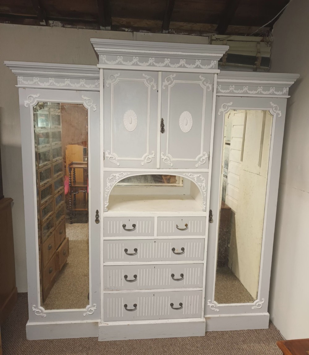 Edwardian painted 3 section pine wardrobe.  View V