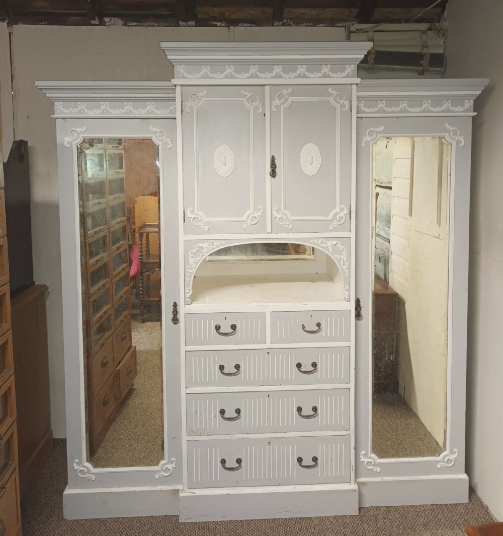 Edwardian painted 3 section pine wardrobe.  View VIII