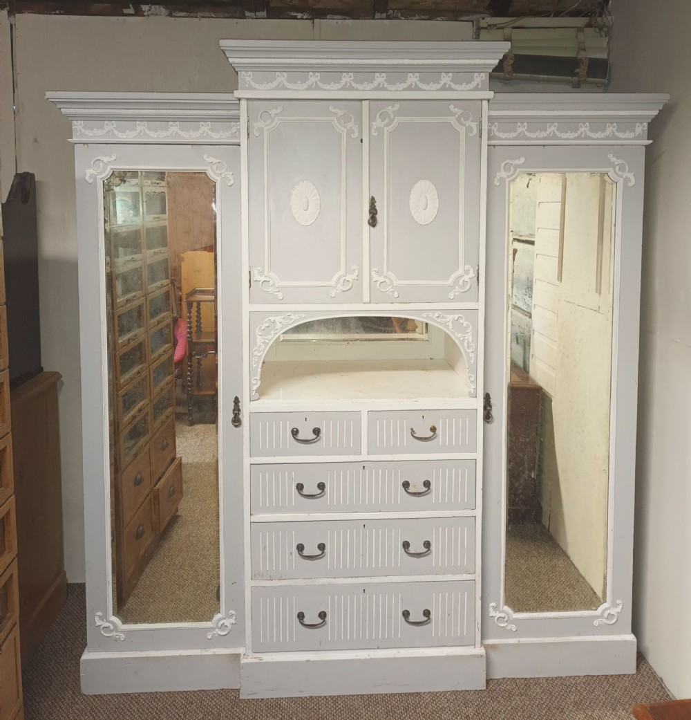 Edwardian painted 3 section pine wardrobe.  View IX