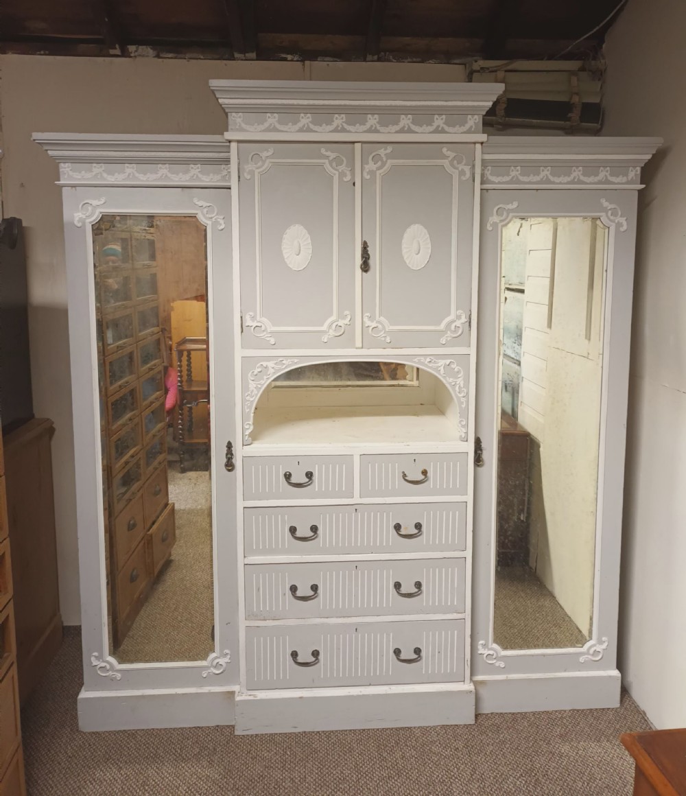 Edwardian painted 3 section pine wardrobe.  View X