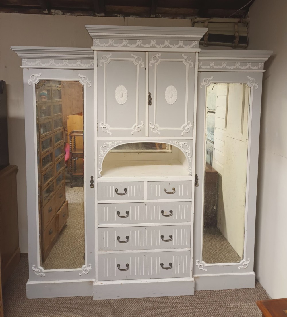 Edwardian painted 3 section pine wardrobe.  View XI