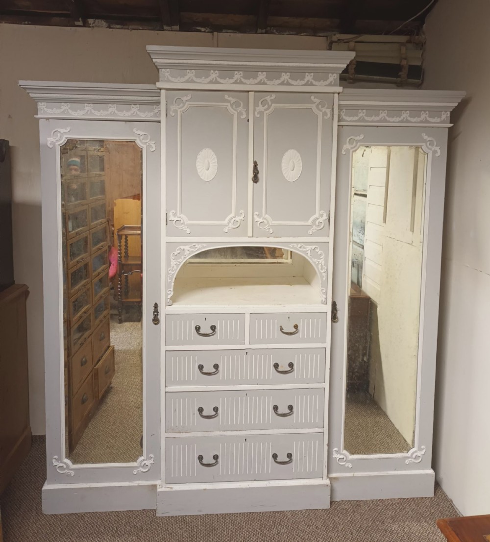 Edwardian painted 3 section pine wardrobe.  View XIII