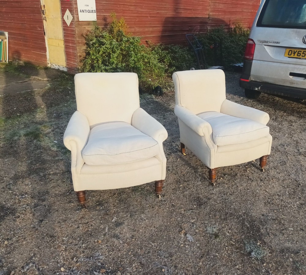 Pair of comfortable Edwardian upholstered armchairs. 
