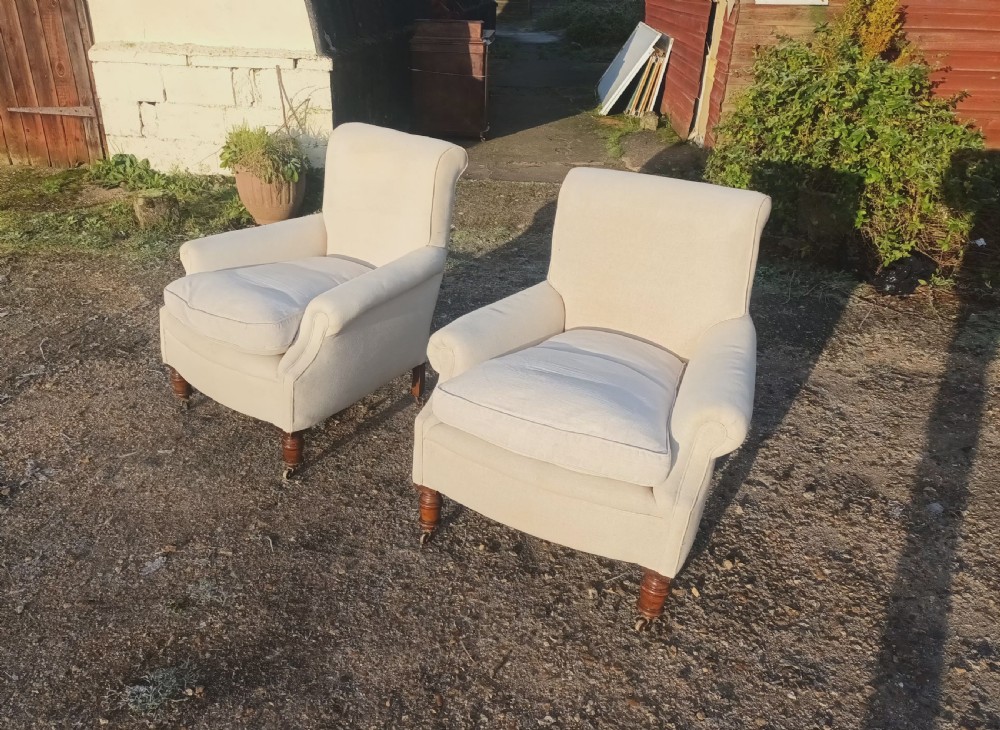 Pair of comfortable Edwardian upholstered armchairs.  View VI