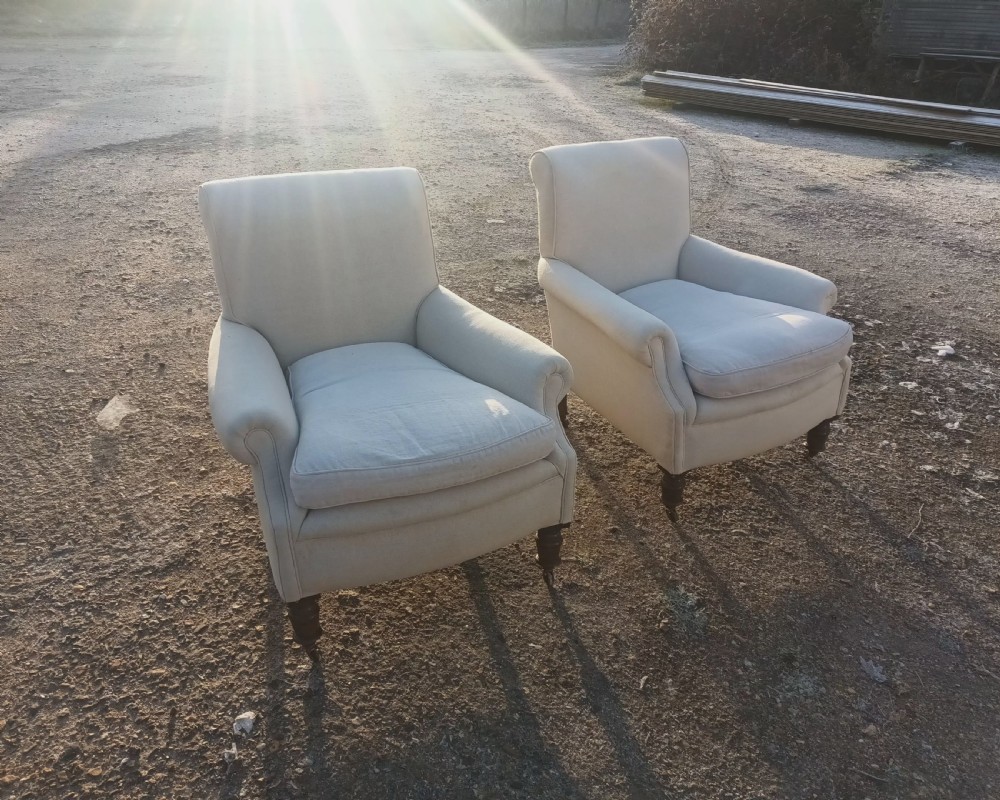 Pair of comfortable Edwardian upholstered armchairs.  View VII