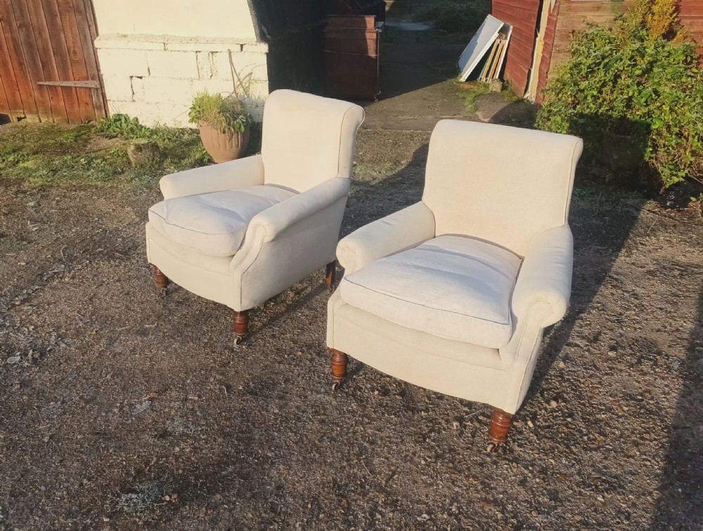 Pair of comfortable Edwardian upholstered armchairs.  View VIII