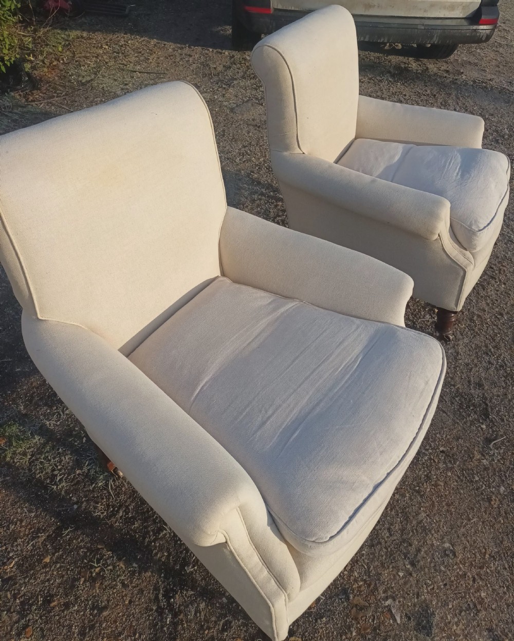 Pair of comfortable Edwardian upholstered armchairs.  View XI