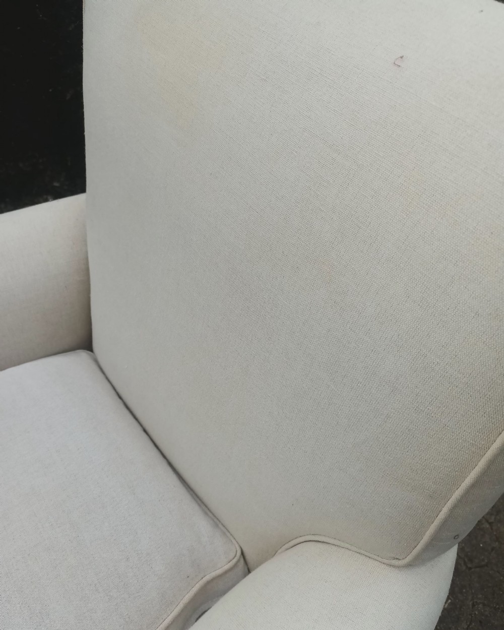 Pair of comfortable Edwardian upholstered armchairs.  View XII