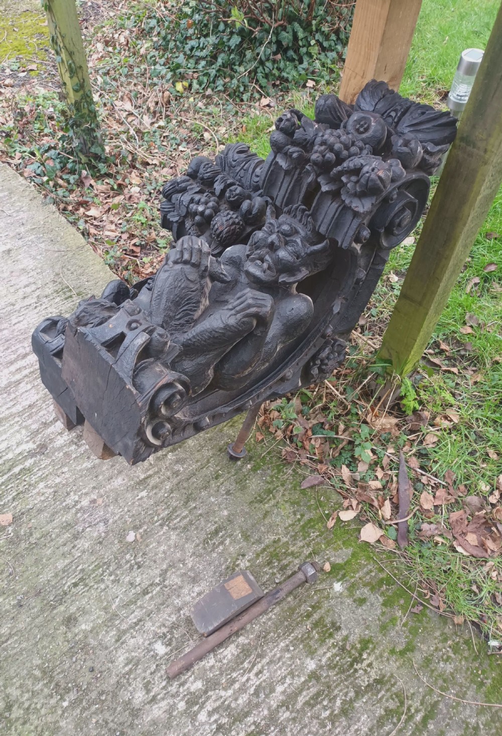 Pair of large carved oak brackets (possibly from a ship). View II