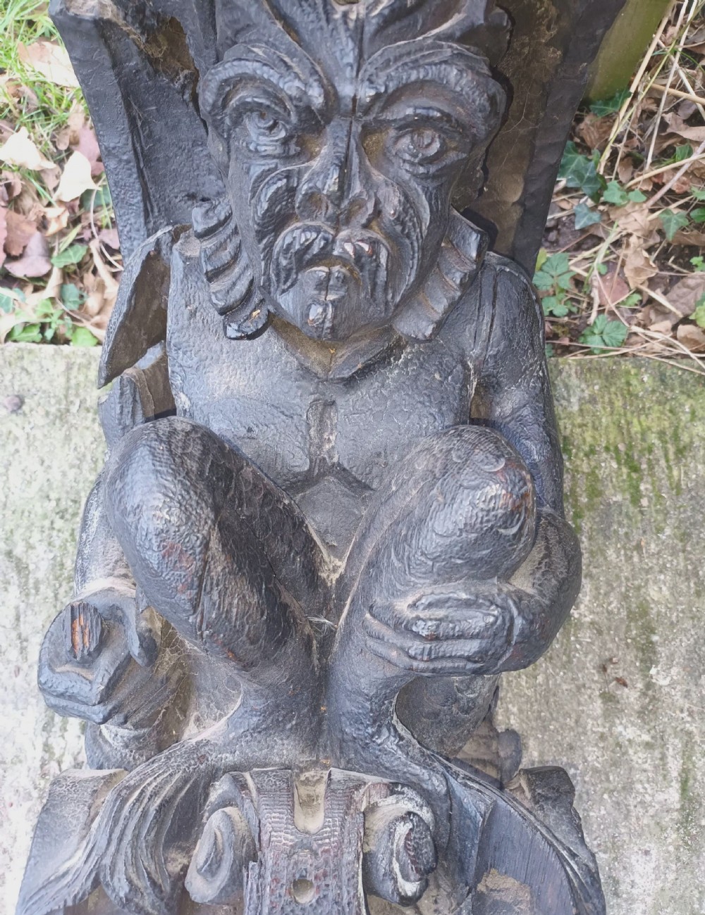 Pair of large carved oak brackets (possibly from a ship). View V