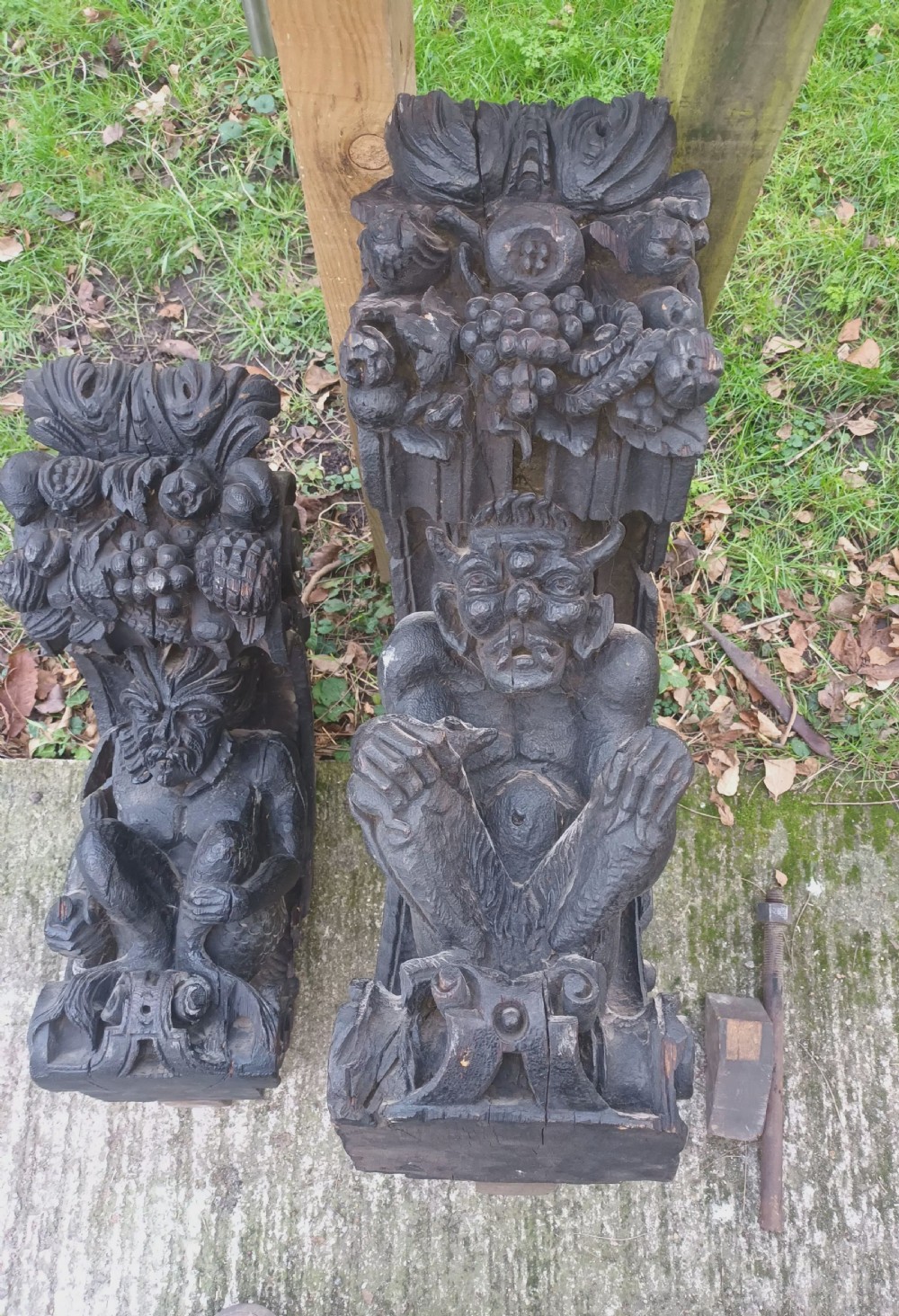 Pair of large carved oak brackets (possibly from a ship). View X