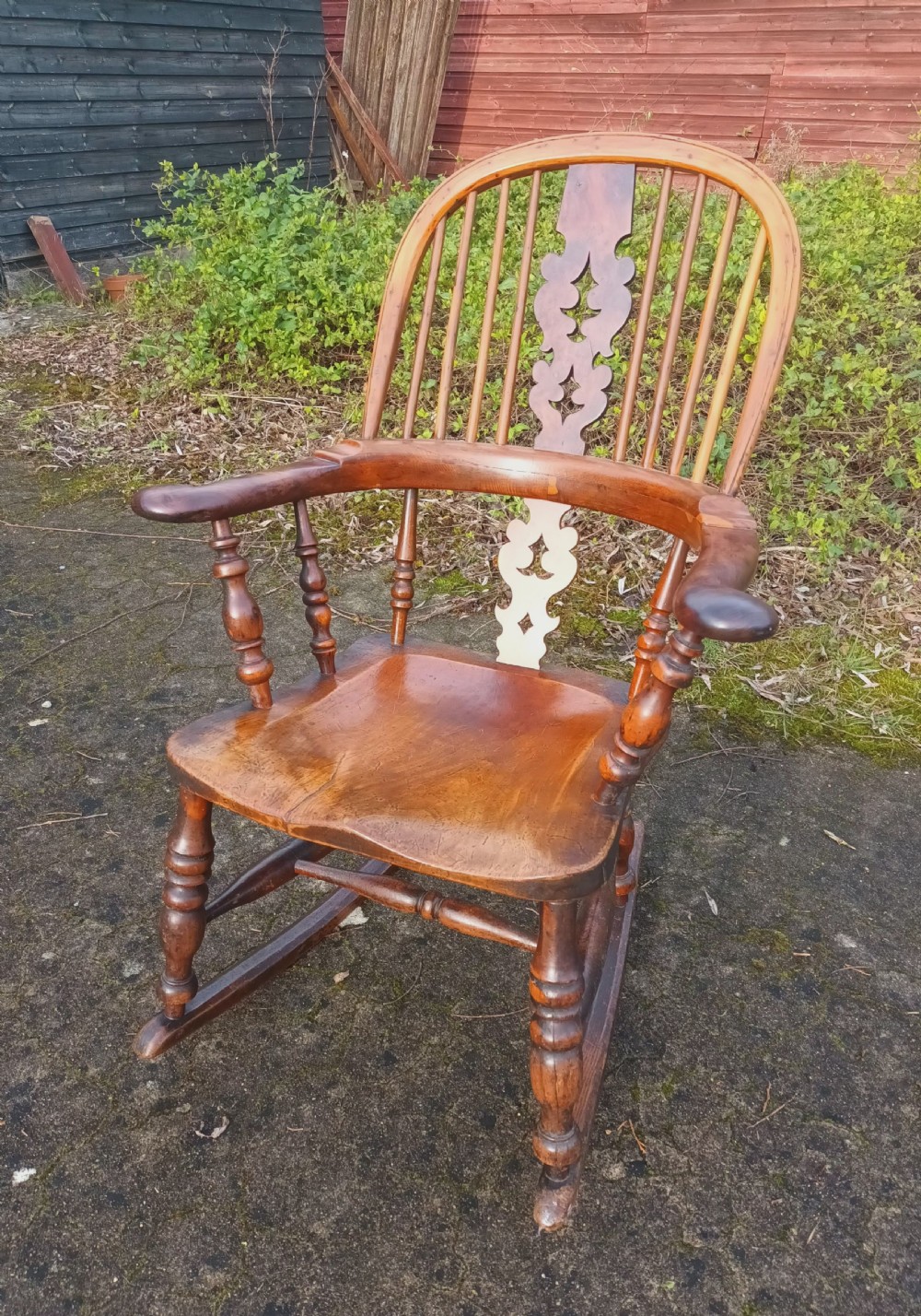 Victorian Yewwood Windsor rocking armchair.  View IV