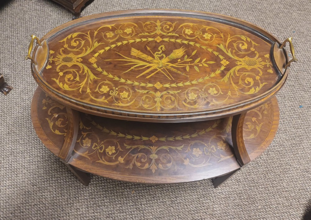 Edwardian inlaid mahogany 2 tier Etagere with removable tray. View III