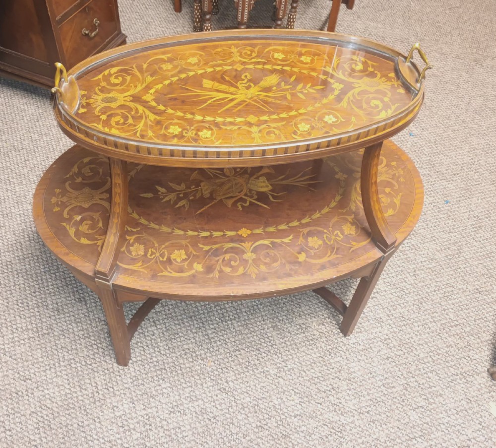 Edwardian inlaid mahogany 2 tier Etagere with removable tray. View VIII
