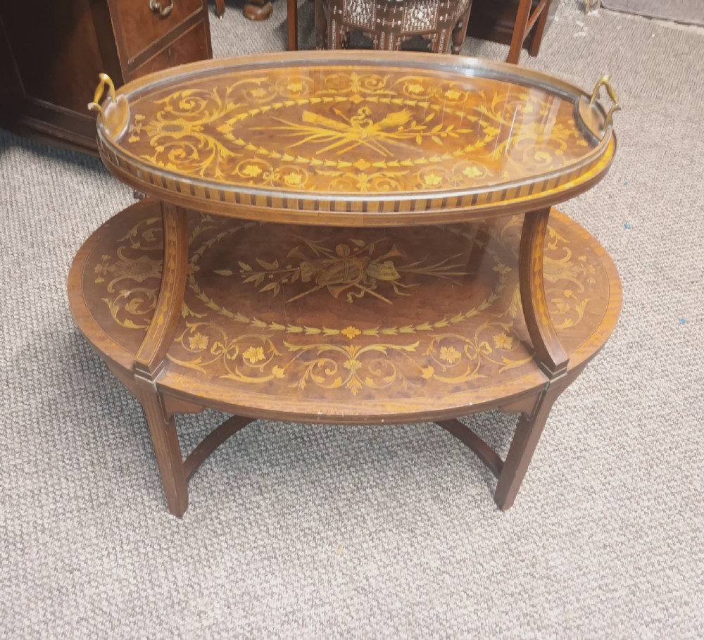 Edwardian inlaid mahogany 2 tier Etagere with removable tray. View IX