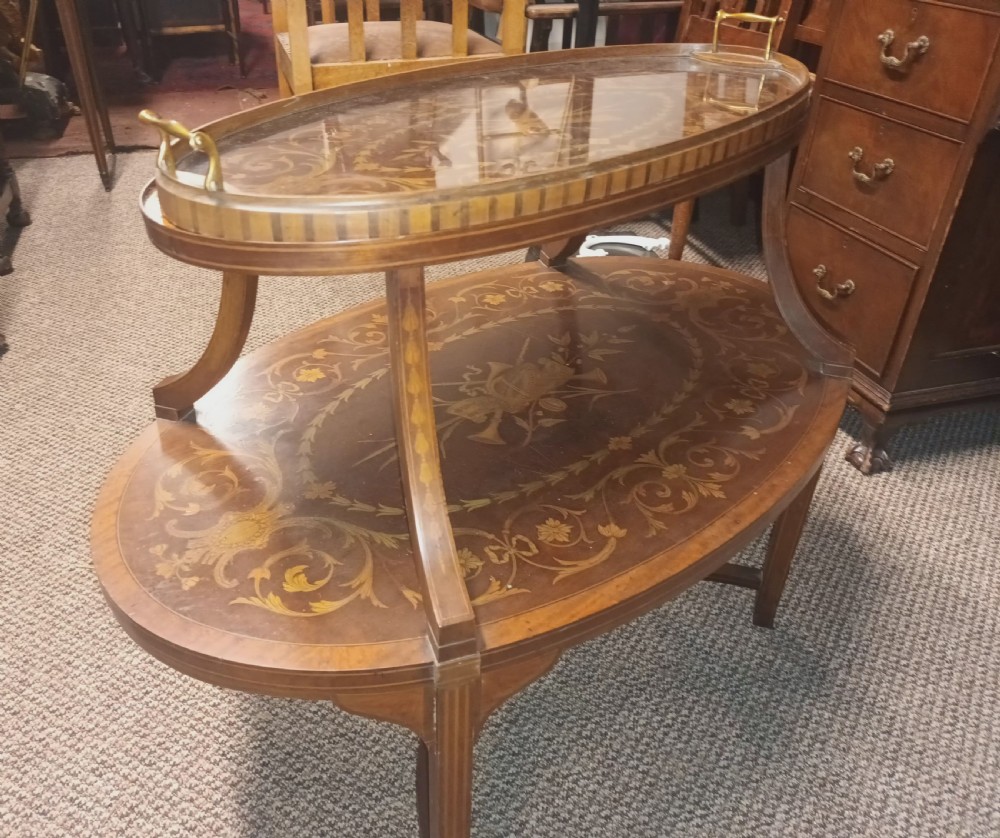 Edwardian inlaid mahogany 2 tier Etagere with removable tray. View X