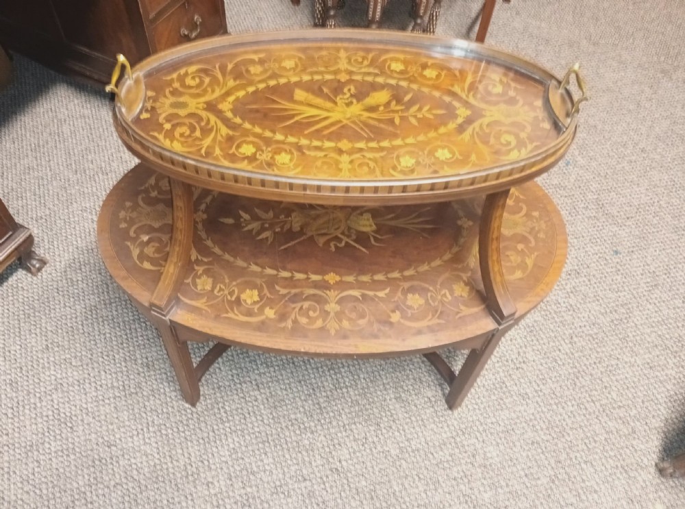 Edwardian inlaid mahogany 2 tier Etagere with removable tray. View XII