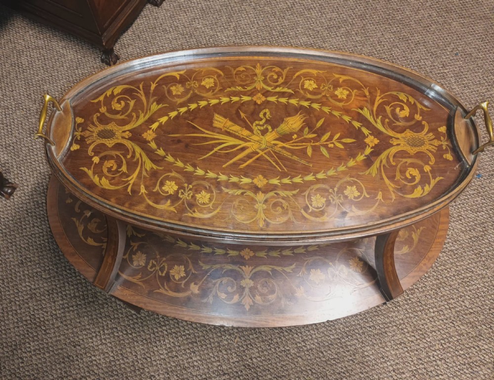 Edwardian inlaid mahogany 2 tier Etagere with removable tray. View XIII