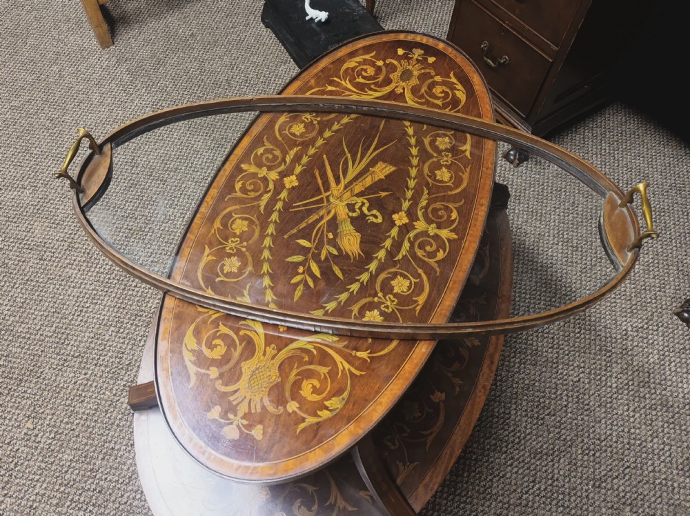 Edwardian inlaid mahogany 2 tier Etagere with removable tray. View XV