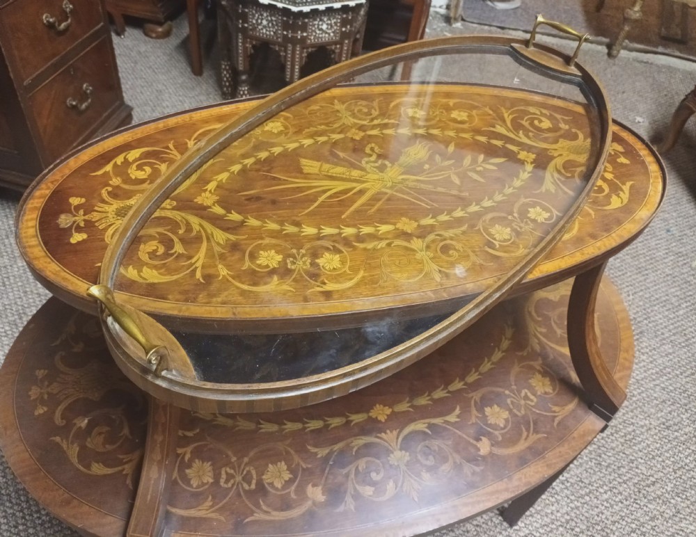 Edwardian inlaid mahogany 2 tier Etagere with removable tray. View XVI