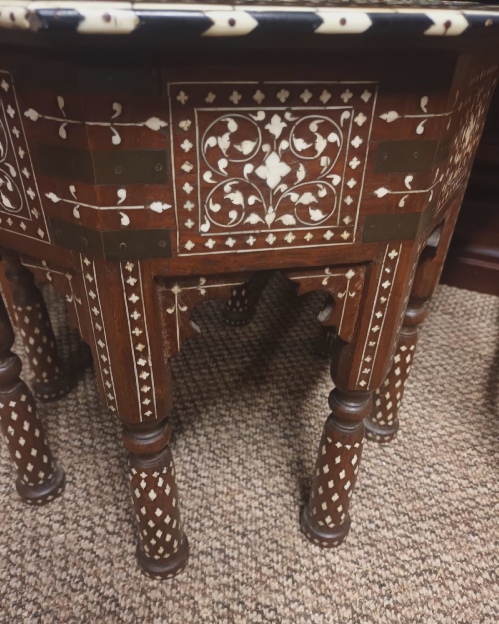 Lovely Hoshiarpur bone and Ebony inlaid occasional table, with a drawer. View II