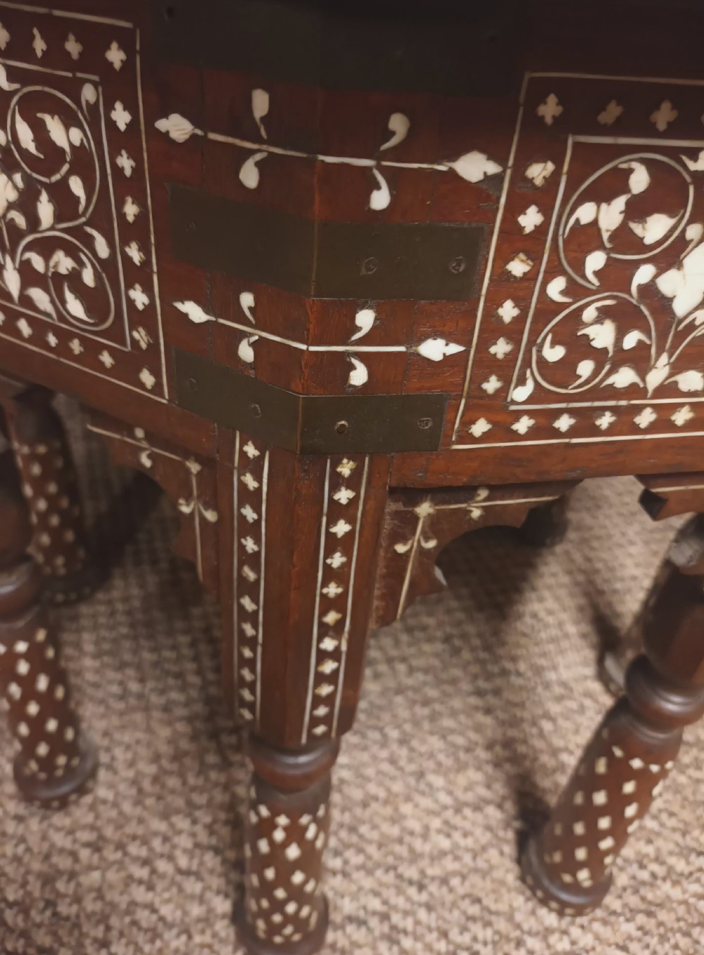Lovely Hoshiarpur bone and Ebony inlaid occasional table, with a drawer. View IV