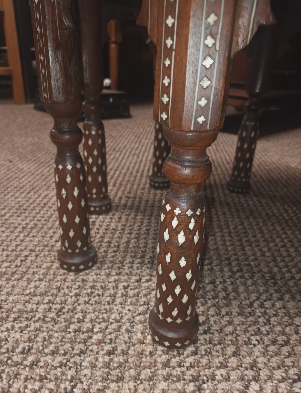 Lovely Hoshiarpur bone and Ebony inlaid occasional table, with a drawer. View VI