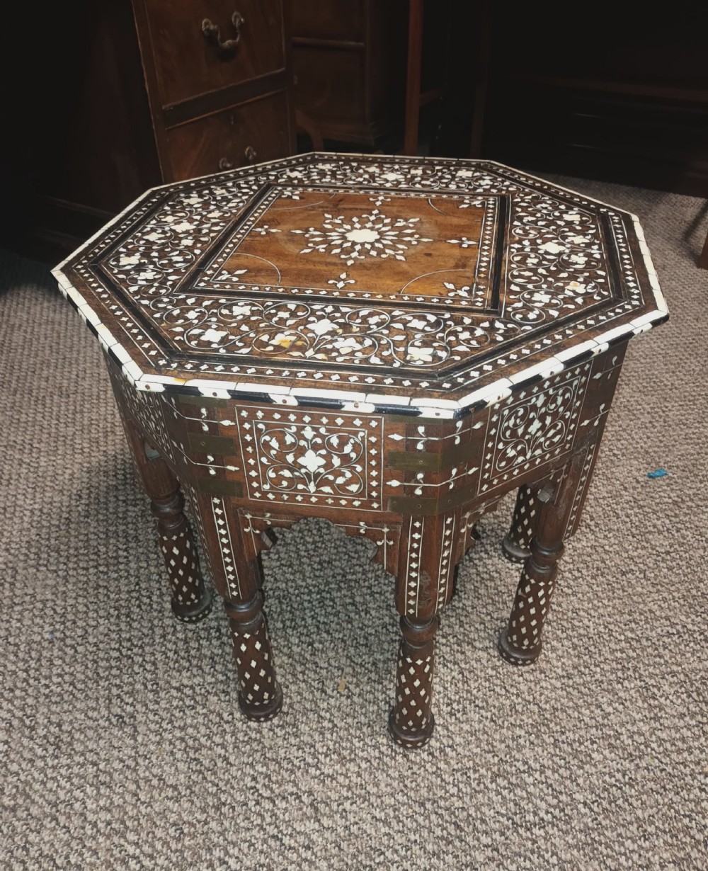 Lovely Hoshiarpur bone and Ebony inlaid occasional table, with a drawer. View X