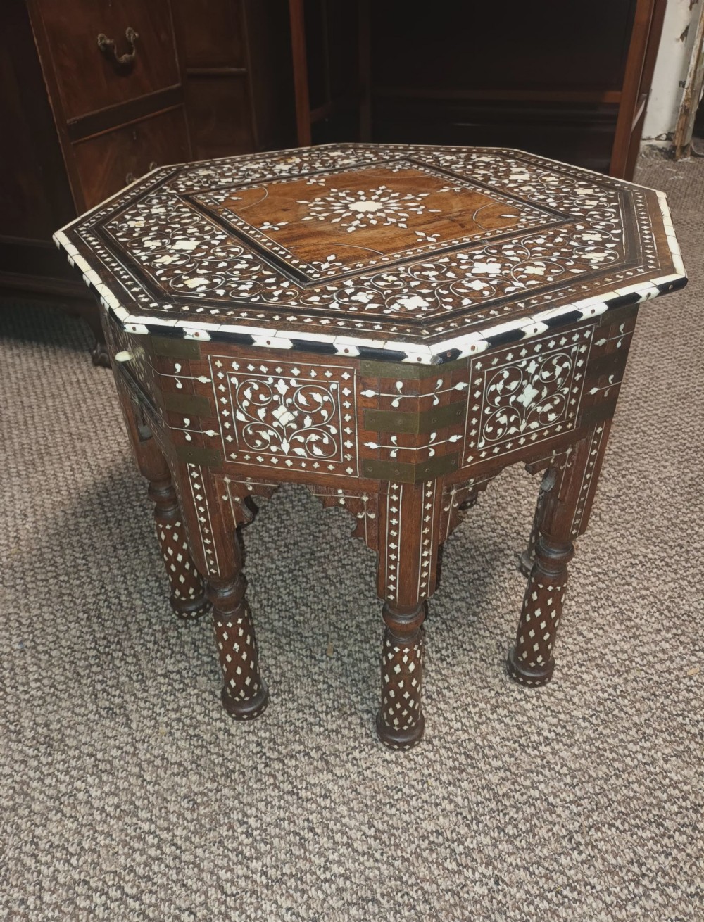 Lovely Hoshiarpur bone and Ebony inlaid occasional table, with a drawer. View XIV