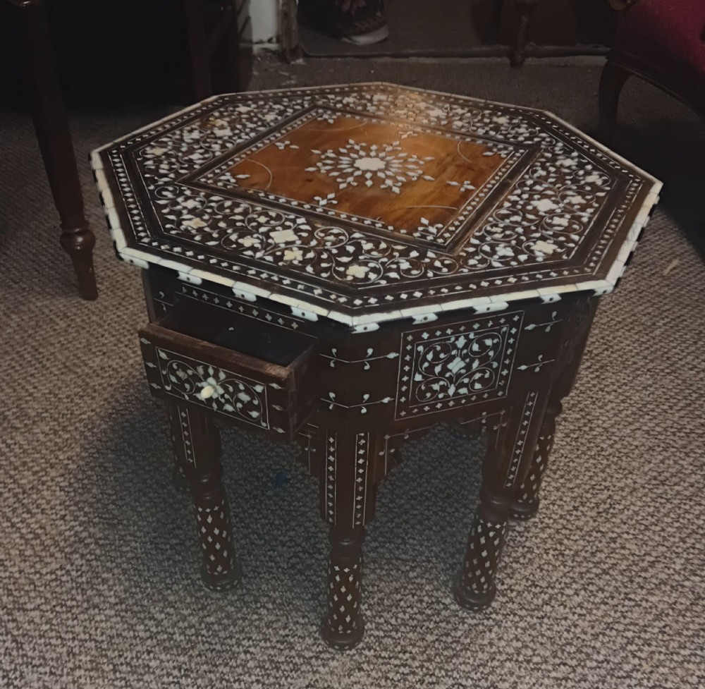 Lovely Hoshiarpur bone and Ebony inlaid occasional table, with a drawer. View XVIII