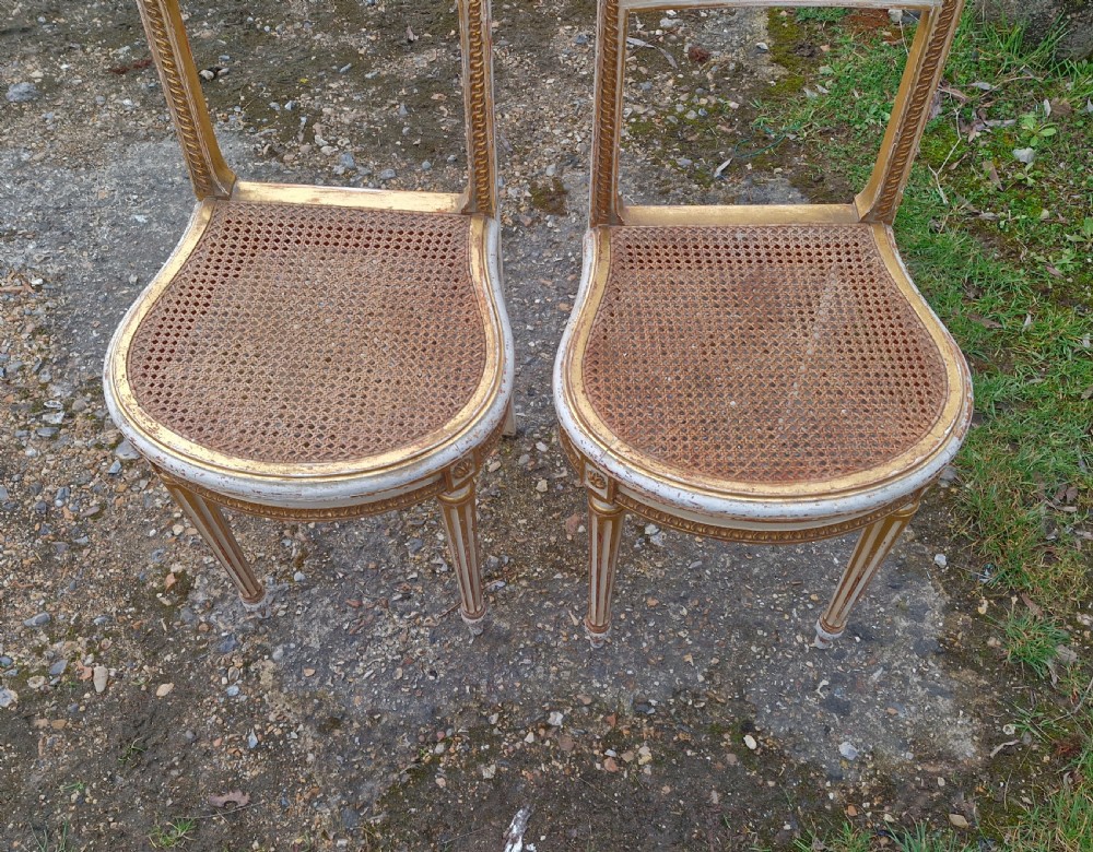 Pair of Elegant gilded decorated caned bedroom chairs from the series 