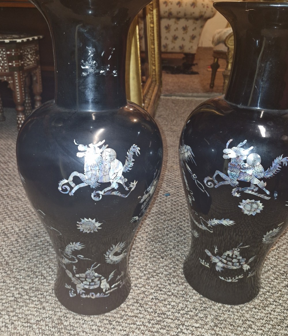 Pair mother of pearl inlaid lacquered on wood Japanese vases. View III