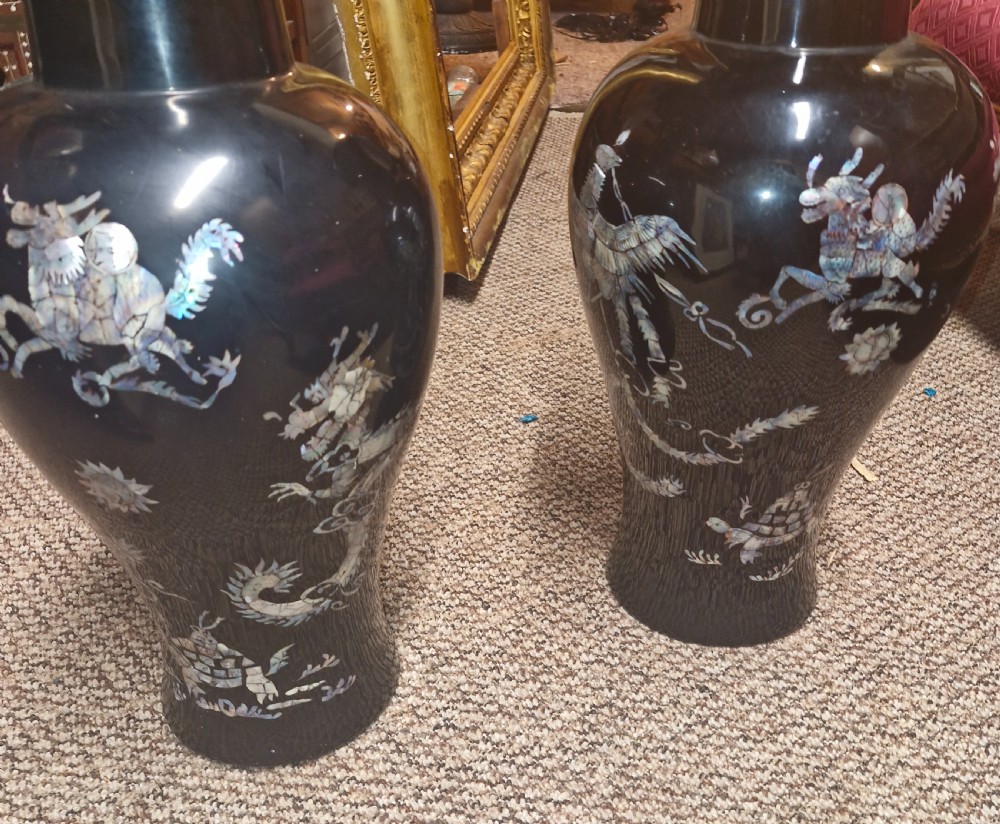 Pair mother of pearl inlaid lacquered on wood Japanese vases. View VI