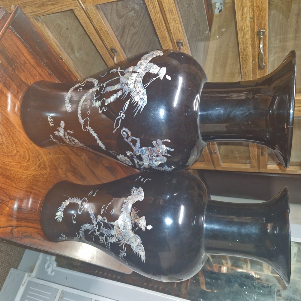 Pair mother of pearl inlaid lacquered on wood Japanese vases. View XI