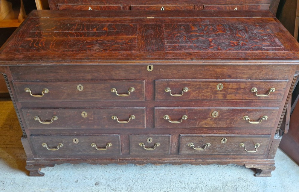 Early 19th oak and banded Lancashire mule chest. View II