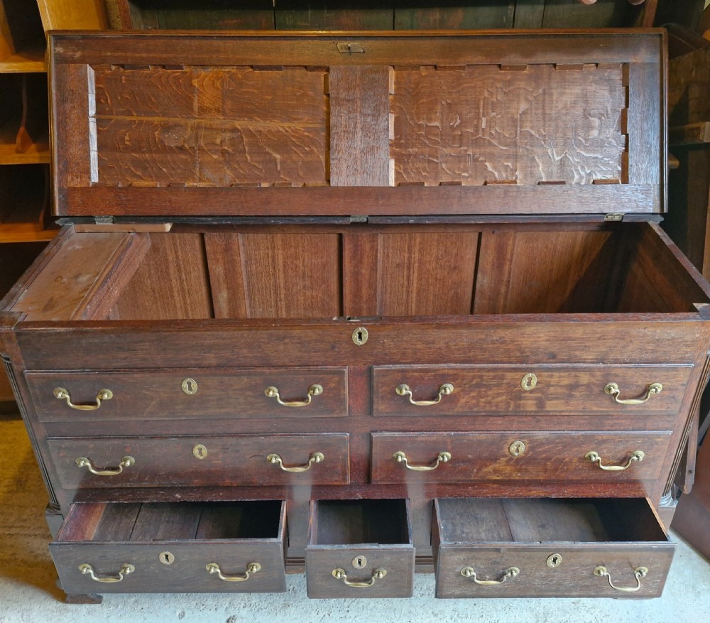 Early 19th oak and banded Lancashire mule chest. View III