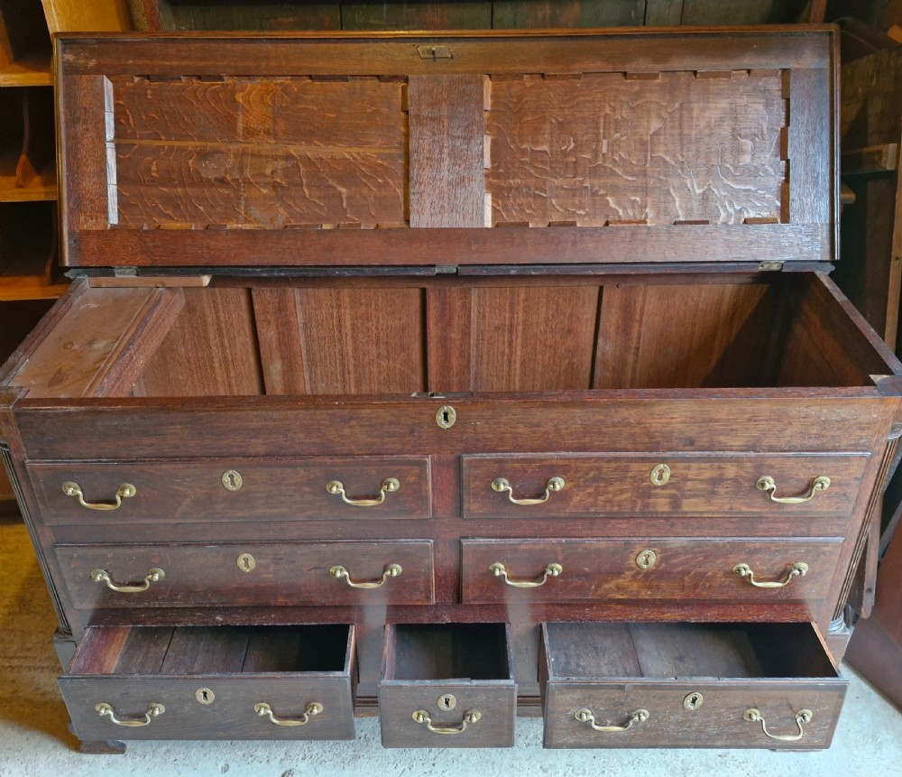 Early 19th oak and banded Lancashire mule chest. View IV