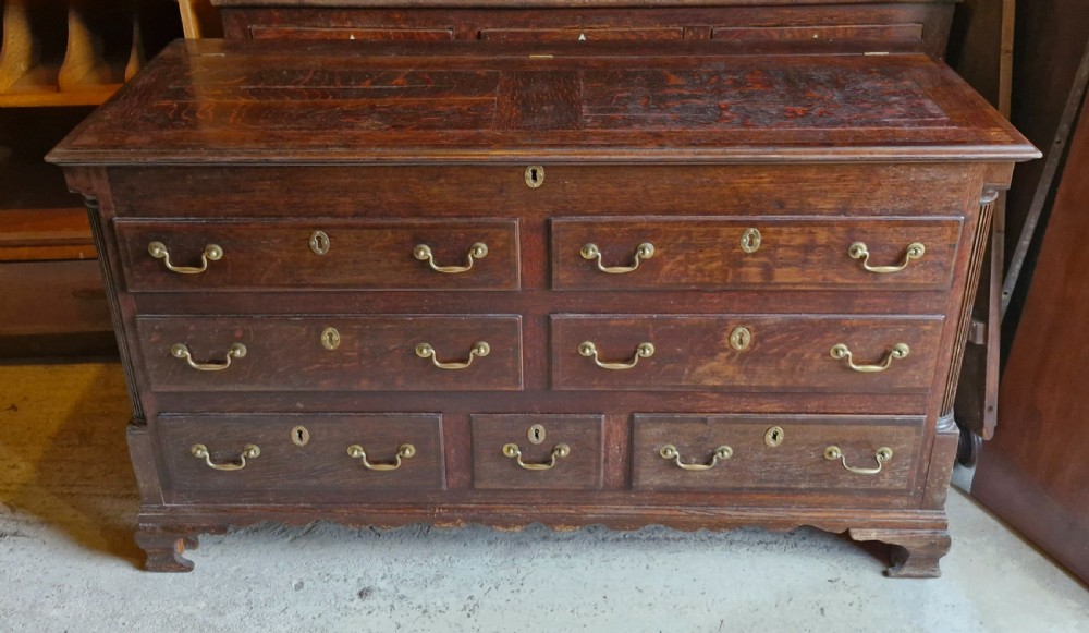 Early 19th oak and banded Lancashire mule chest. View V