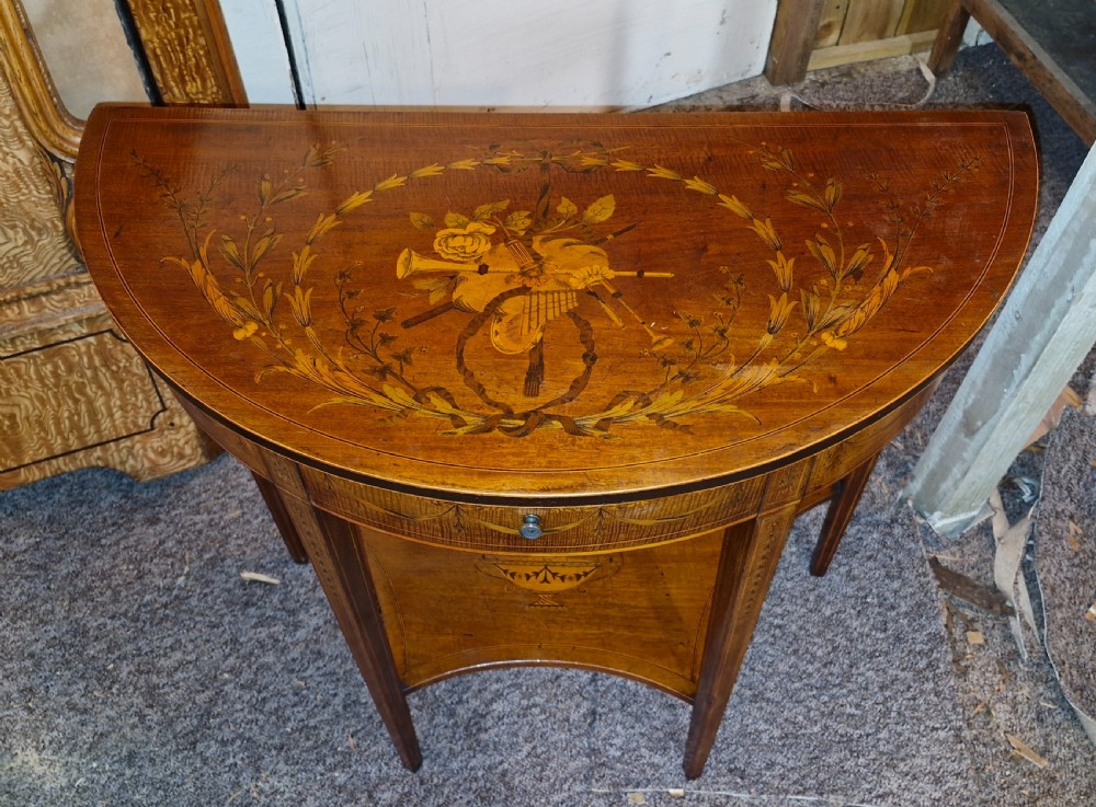 Lovely quality Edwardian inlaid mahogany side table with drawer. View IX