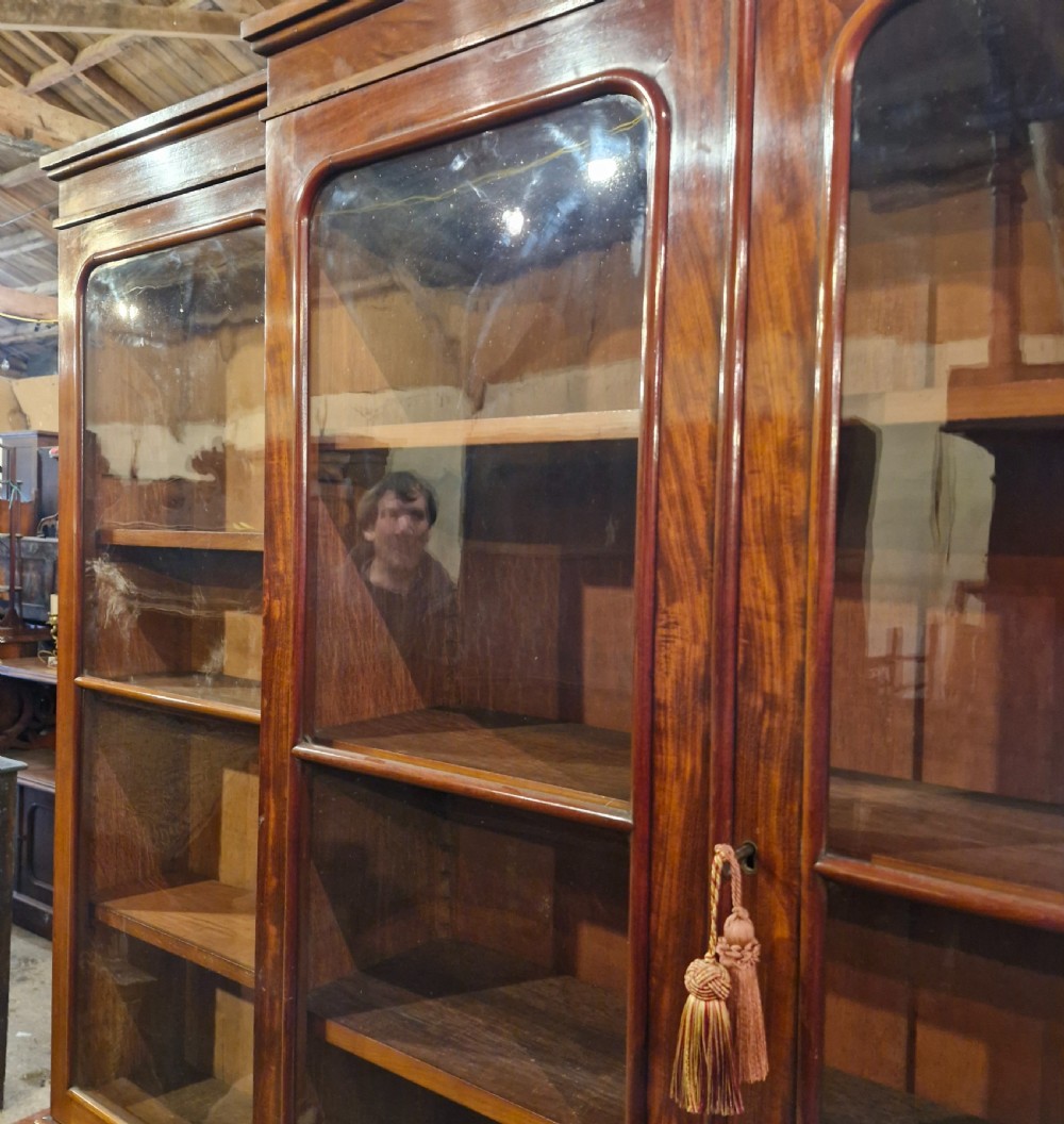 Mid 19th century mahogany breakfront bookcase of slim proportions.  View IV