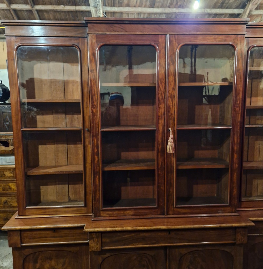 Mid 19th century mahogany breakfront bookcase of slim proportions.  View VI
