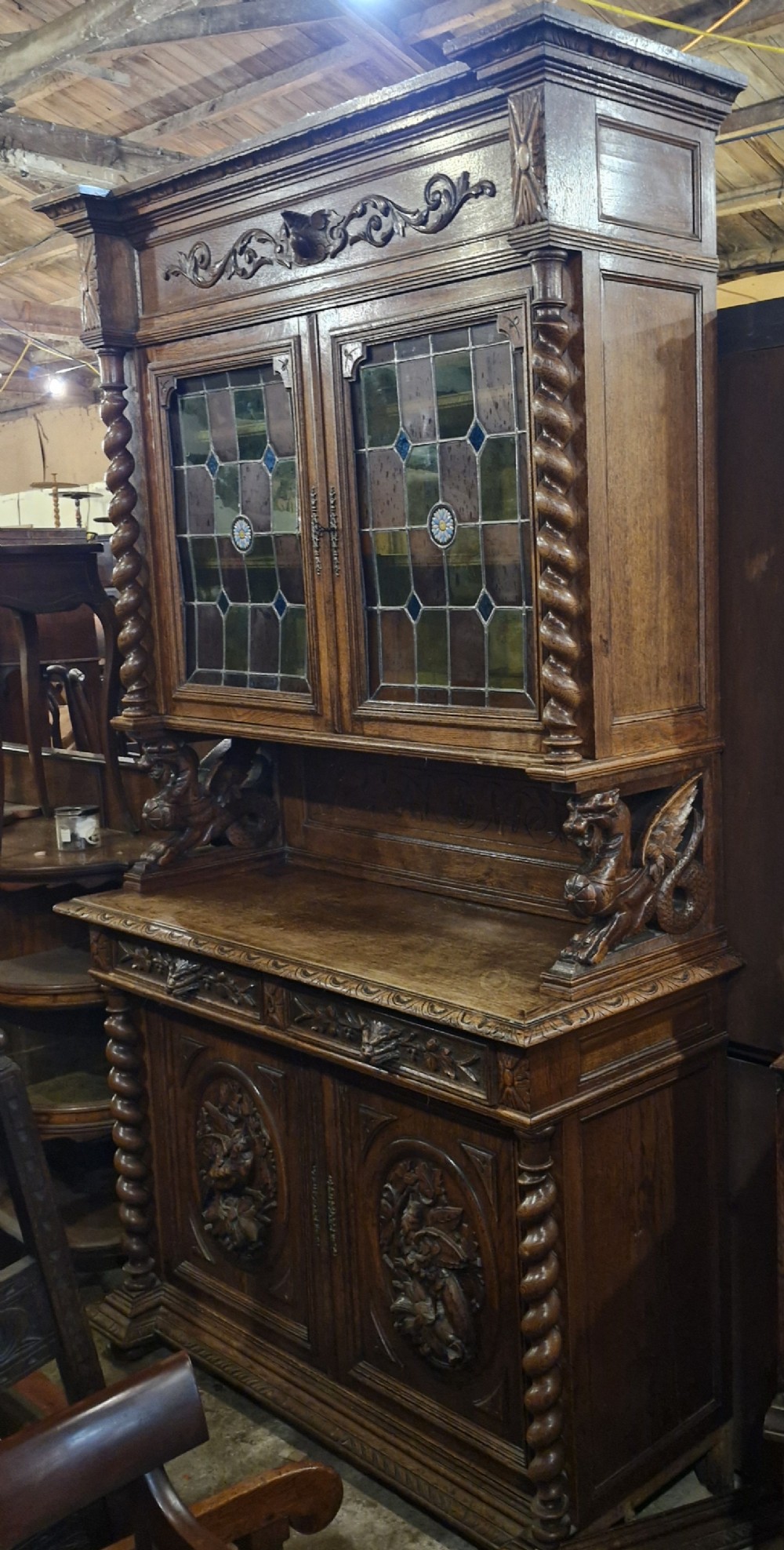Large Carved oak bookcase cabinet. 