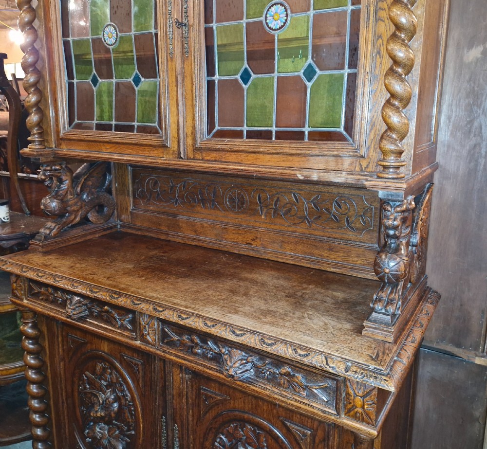 Large Carved oak bookcase cabinet.  View IX