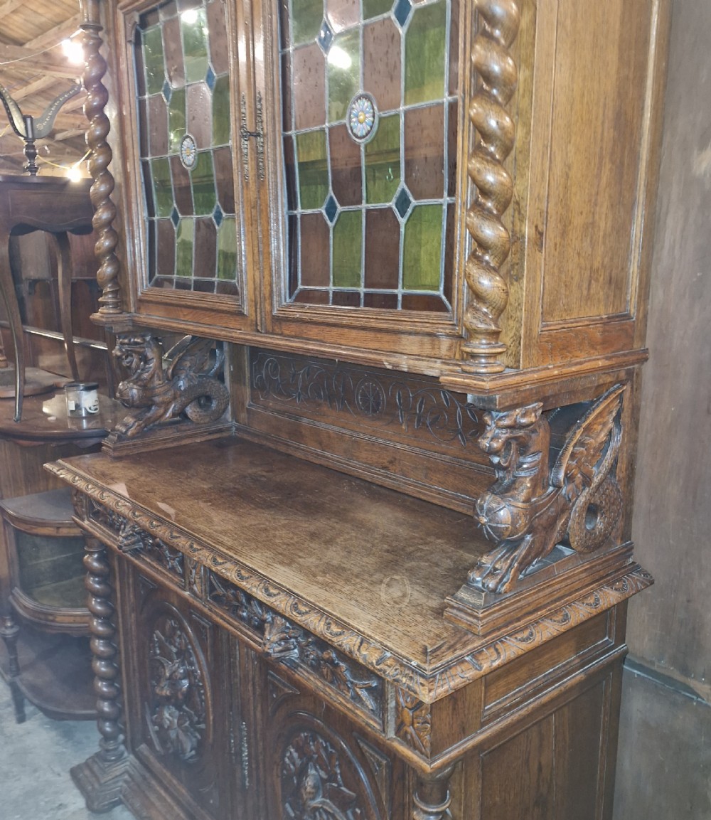Large Carved oak bookcase cabinet.  View XII
