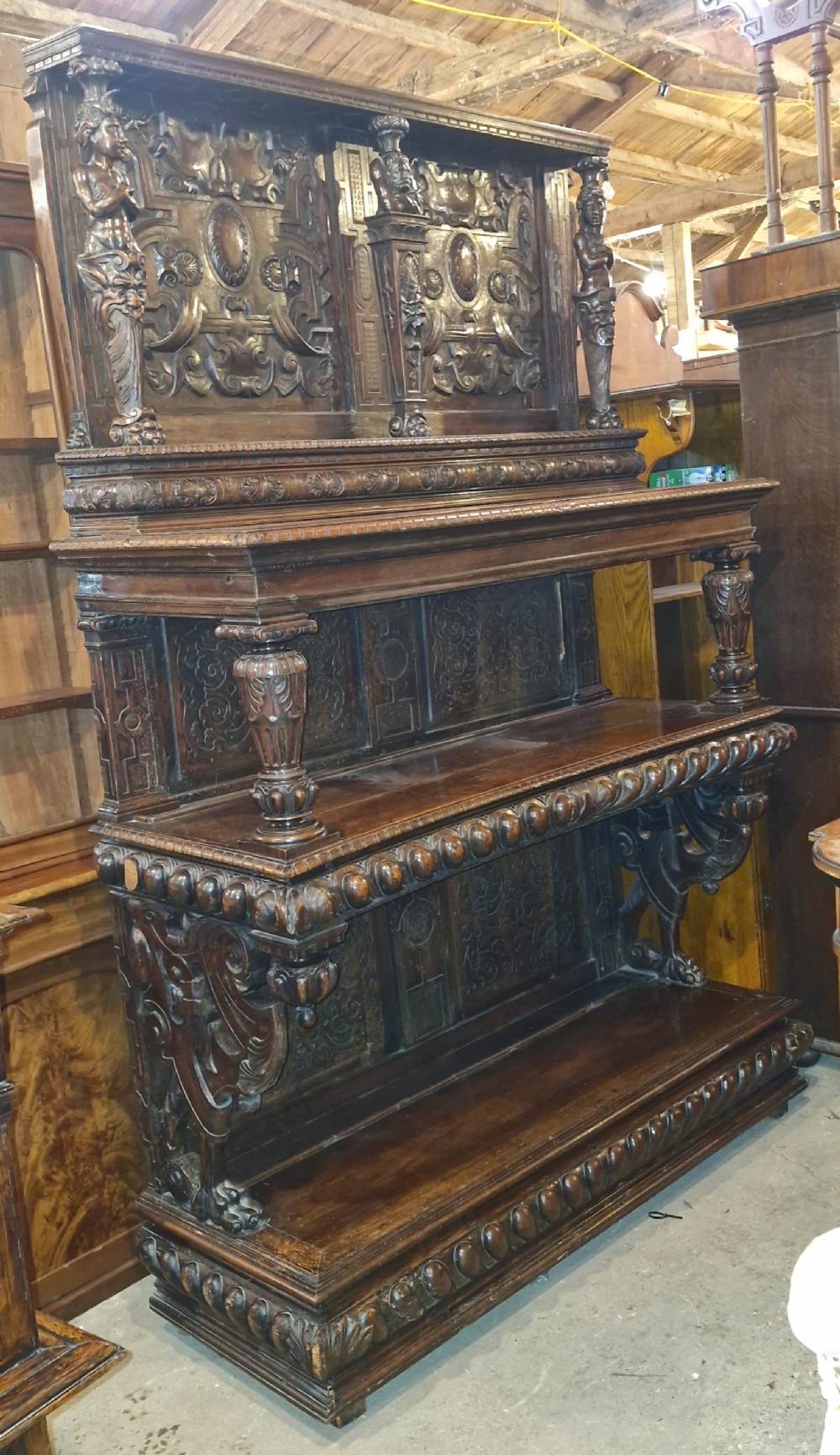 Large antique carved Italian 3 tier buffet. 