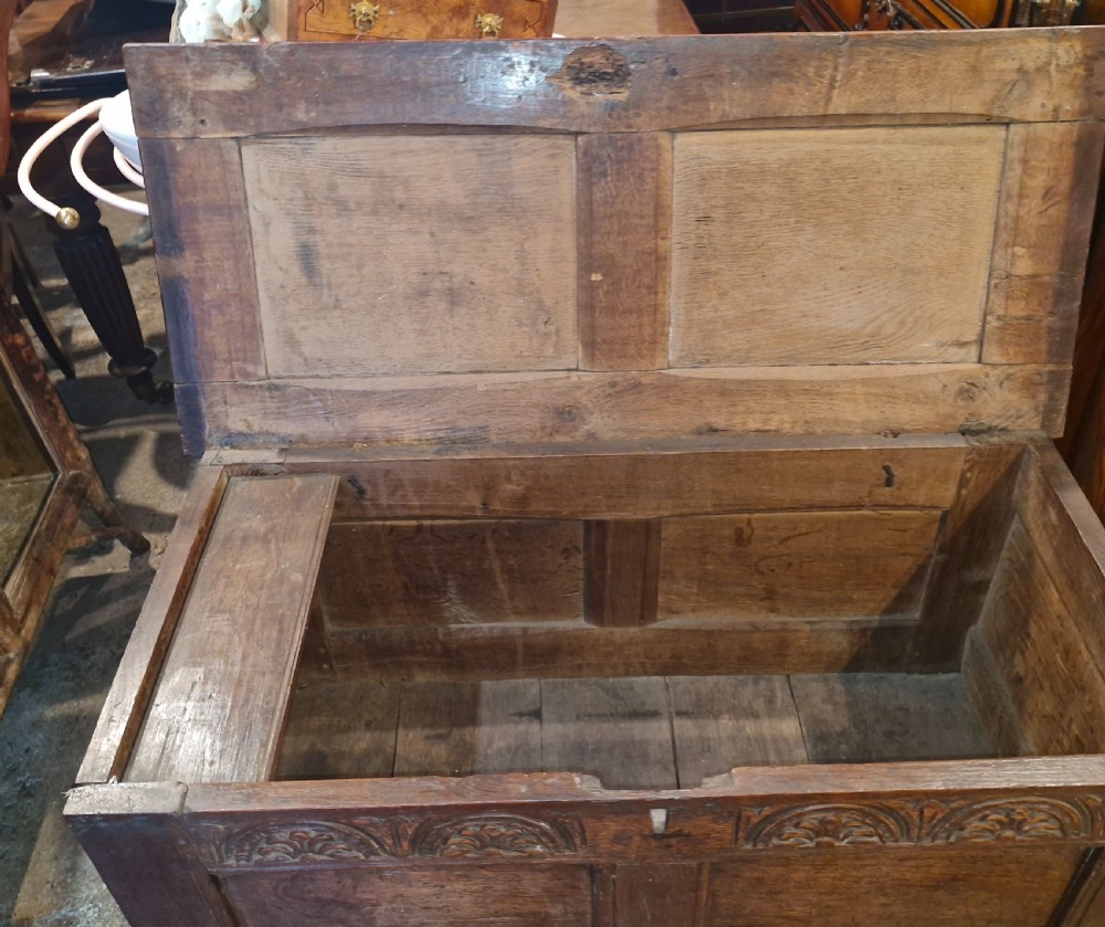 Good late 17th century oak panelled coffer. View II