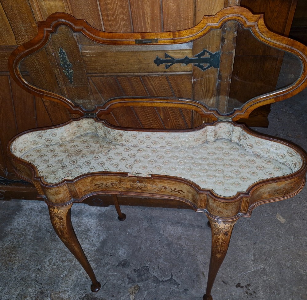 Pretty inlaid unusual shaped top walnut bijouterie display table. View II